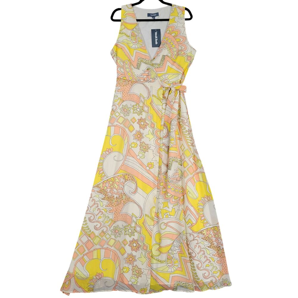 NWT MODCLOTH Yellow Fits of Bliss Wrap Dress Maxi Funky Psychedelic SIZE LARGE